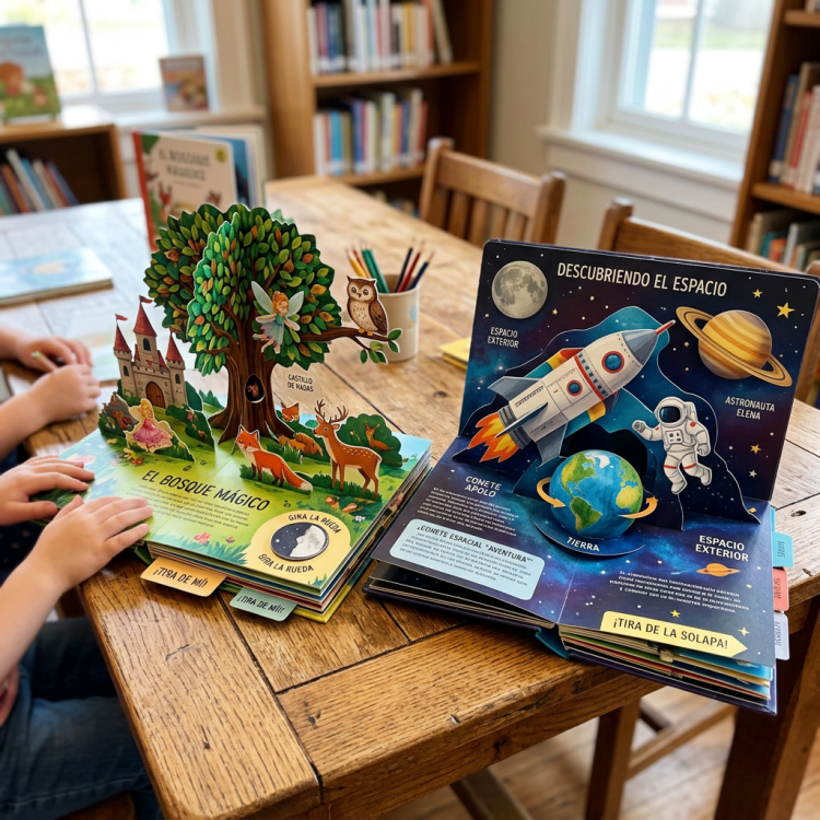 Two colorful pop-up books in Spanish on a wooden table showing a magical forest and space exploration with children interacting.
